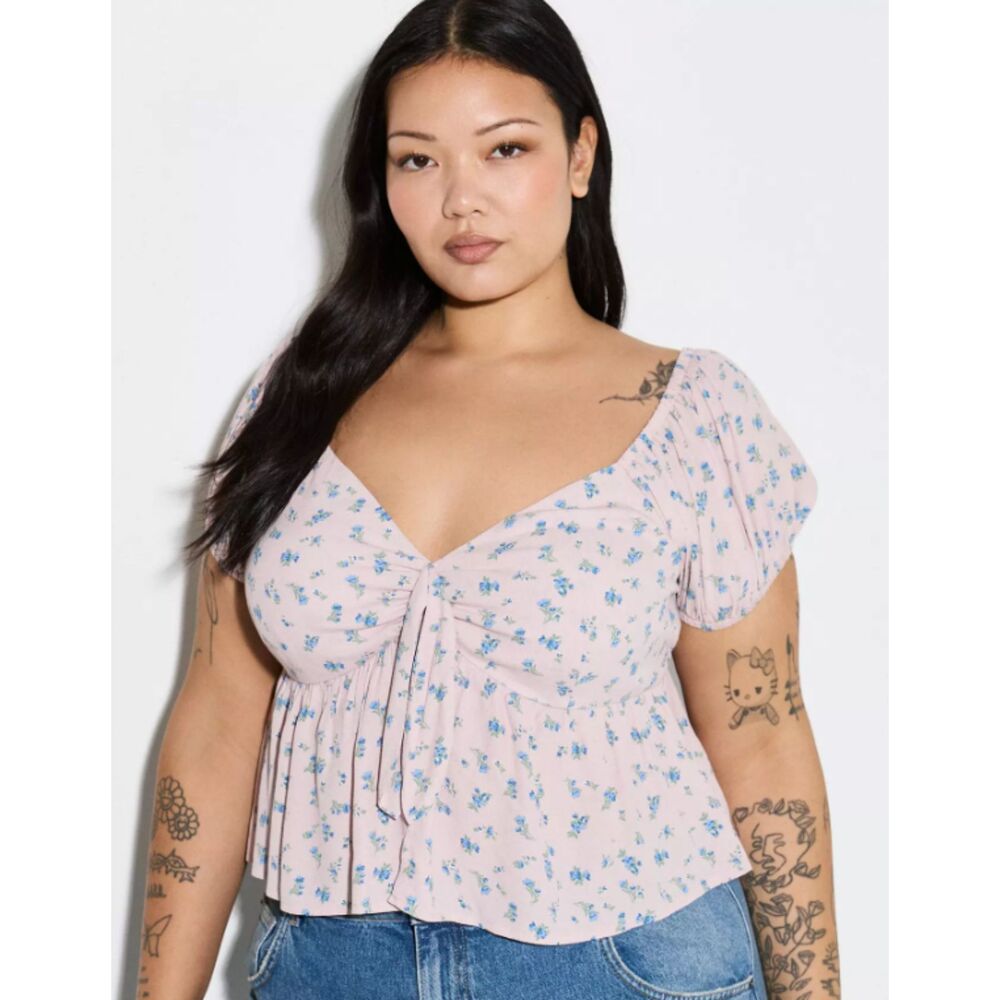 NWT Lovesick Pastel Pink Floral Milkmaid Top Cottagecore Tie Front Puff Sleeve L